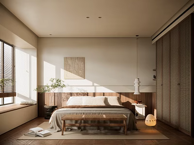 Modern Bedroom Interior With Natural Light Wooden Headboard Bench Decorative Painting And Floor Lamp 3d model