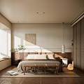 Modern Bedroom Interior With Natural Light Wooden Headboard Bench Decorative Painting And Floor Lamp
