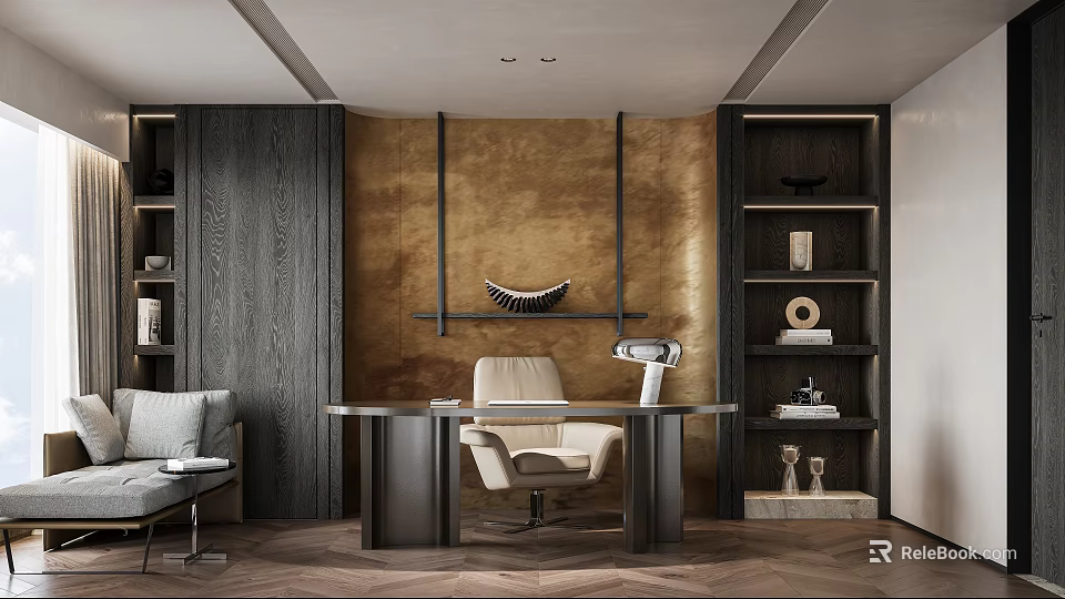 Elegant Modern Study Room Interior With Wooden Desk Leather Chair And Metal Bookshelves 3d model 