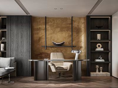 Elegant Modern Study Room Interior With Wooden Desk Leather Chair And Metal Bookshelves 3d model