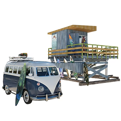 Vintage Blue and White Van with Surfboards Near Beach Lifeguard Tower 3d model