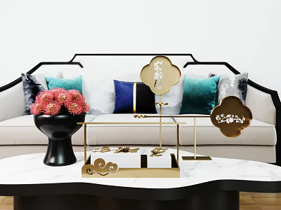 Modern Chinese Decorative Ornament Set With Black Vase Red Flowers And Golden Accents 3d model