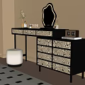 Dressing Table with Patterned Drawers Mirror on Top Stool Beside By Window and Vase Decoration 3d model