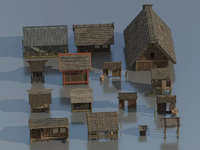 Various Rustic Wooden Houses With Diverse Roof Types And Small Architectural Details 3d model