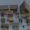 Various Rustic Wooden Houses With Diverse Roof Types And Small Architectural Details