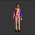 Child In Pink Top With Blue Sleeves ZAP Graphic Beige Pants Brown Shoes