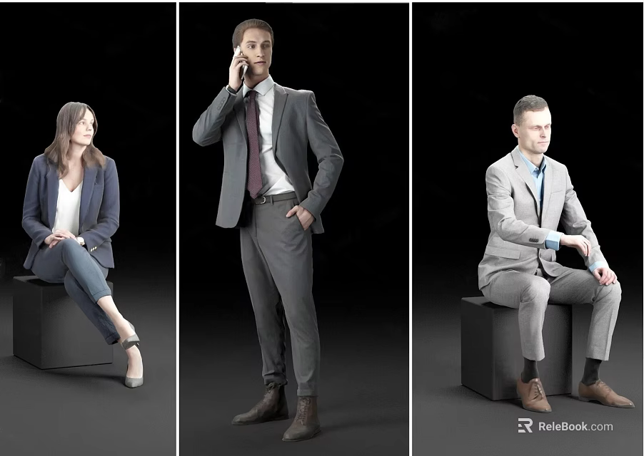 Group of Professionals Standing Sitting and Making Phone Call Against Black Background 3d model 