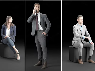 Group of Professionals Standing Sitting and Making Phone Call Against Black Background 3d model