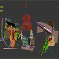 Musical Instruments and Equipment Including Drum Set Double Bass Piano Guitar Saxophone and Microphone