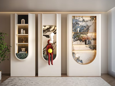 Modern Entryway Console Cabinet With Open Shelves Decorative Artworks And LED Lighting 3d model