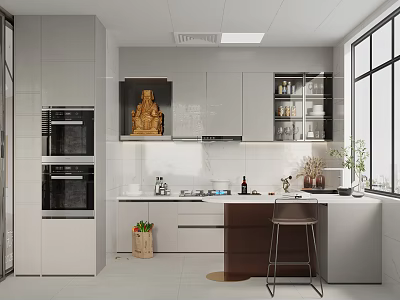 Modern Kitchen Interior Design With White Cabinets Island Counter Oven Window And Plants 3d model