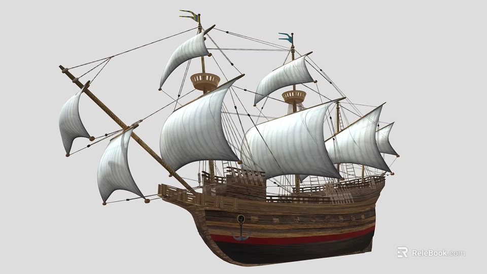 Classic Sailing Ship With Wooden Hull Tall Masts And White Sails 3d model 