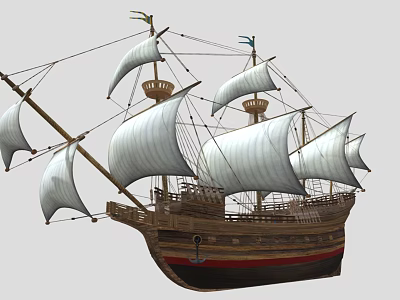 Classic Sailing Ship With Wooden Hull Tall Masts And White Sails 3d model