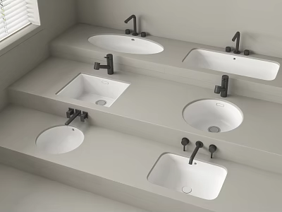 Layered Design Bathroom With Multiple White Washbasins On Countertops And Black Faucets 3d model