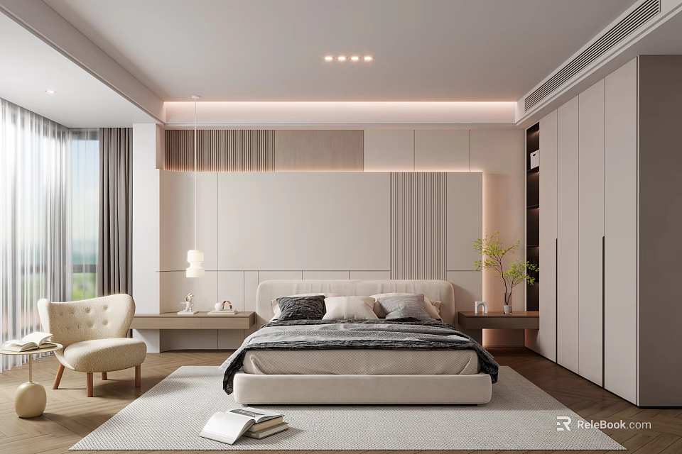 Modern Minimalist Bedroom Interior With Queen Bed Nightstands Accent Chair And Wardrobe 3d model 