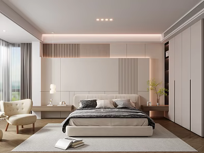 Modern Minimalist Bedroom Interior With Queen Bed Nightstands Accent Chair And Wardrobe 3d model