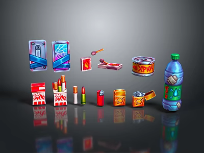 Everyday Household Items Collection With Beverage Bottle Canned Goods Lighters And Packaging Boxes 3d model