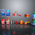 Everyday Household Items Collection With Beverage Bottle Canned Goods Lighters And Packaging Boxes