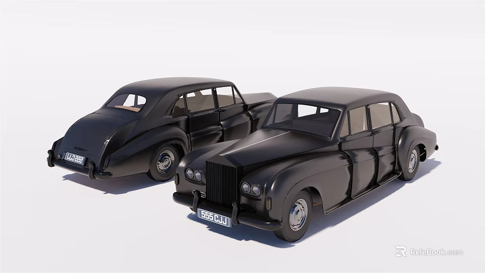 Two Black Classic Vintage Sedans With Retro Body Design On White Background 3d model 