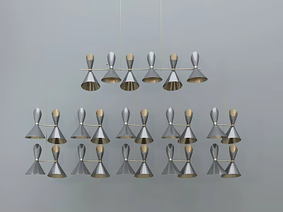 Modern Geometric Pendant Lights With Metal And Wood Elements In Hanging Arrangement 3d model
