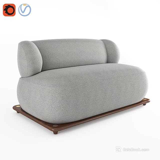 Gray Fabric Two Seater Sofa with Rounded Arms and Wooden Base Design 3d model