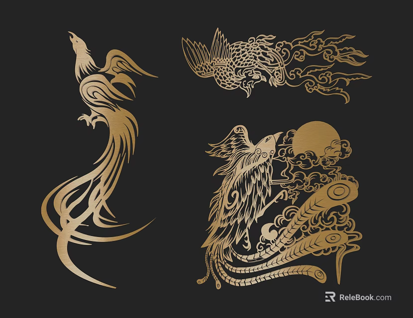 Golden Phoenix Decorative Ornament Set with Cloud Patterns and Moon Design 3d model 