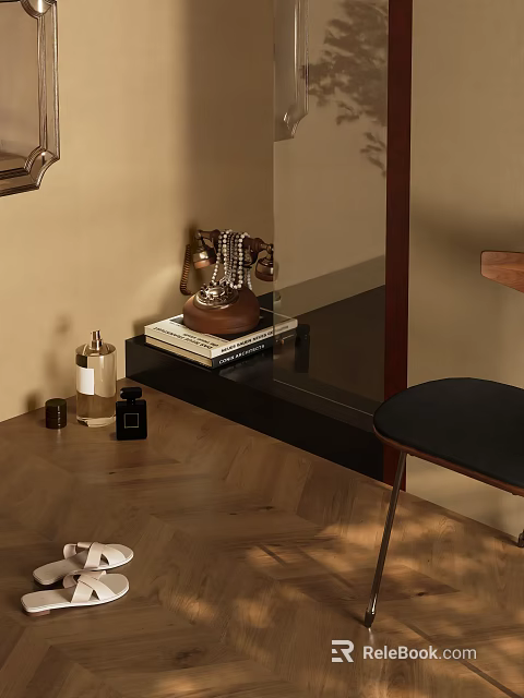 Elegant Living Room Interior With Glass Shelf Vintage Telephone Herringbone Wooden Floor And Black Chair 3d model 