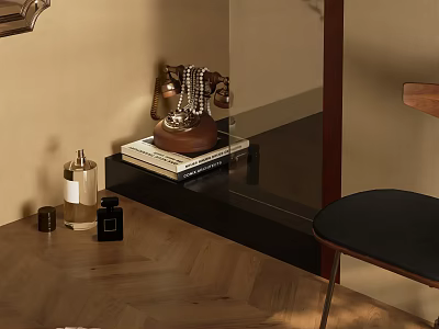 Elegant Living Room Interior With Glass Shelf Vintage Telephone Herringbone Wooden Floor And Black Chair 3d model