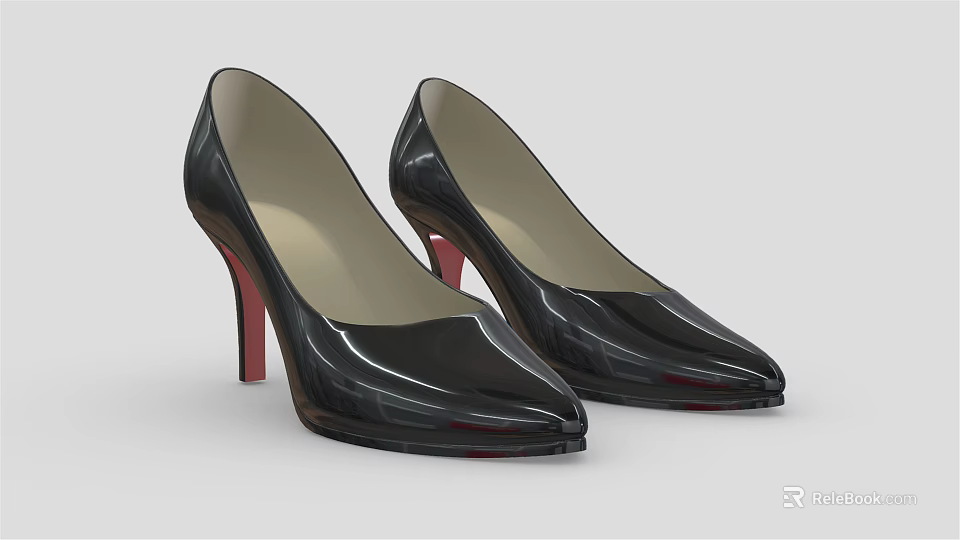 Stylish Black Patent Leather High Heels With Red Heels And Pointed Toe Design 3d model 