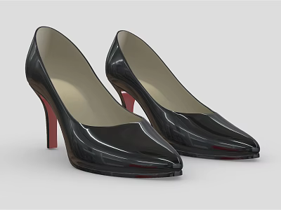 Stylish Black Patent Leather High Heels With Red Heels And Pointed Toe Design 3d model