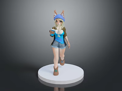 3D Anime Girl Figurine With Cat Ear Hat Holding Cup On White Circular Base 3d model