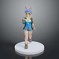 3D Anime Girl Figurine With Cat Ear Hat Holding Cup On White Circular Base