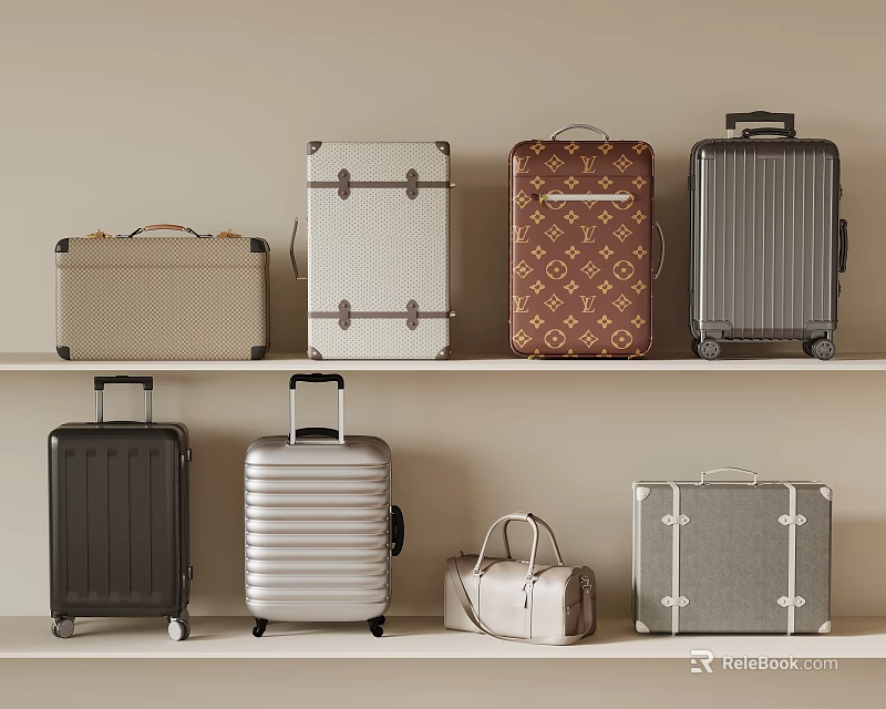 Vintage And Modern Suitcases With Handbag On Shelf In Different Colors And Designs 3d model 