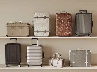 Vintage And Modern Suitcases With Handbag On Shelf In Different Colors And Designs 3d model
