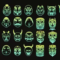 Fluorescent Green Decorative Mask Pendants With Various Designs On Black Background