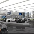 Car Dealership Interior With Luxury Sports Cars Display Wall And Lounge Area