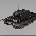 Military Tank with Long Cannon Barrel Tracked Wheels Weathered Armor Surface and Dark Military Paint