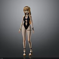 3D Female Character With Orange Long Hair Black Swimsuit Accessories Sandals And Gray Background