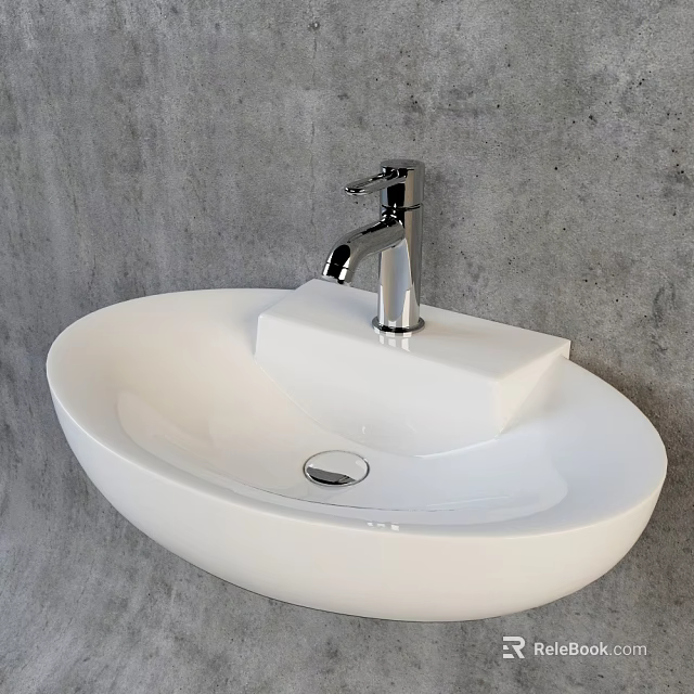 White Modern Countertop Washbasin with Silver Faucet Against Concrete Wall 3d model 