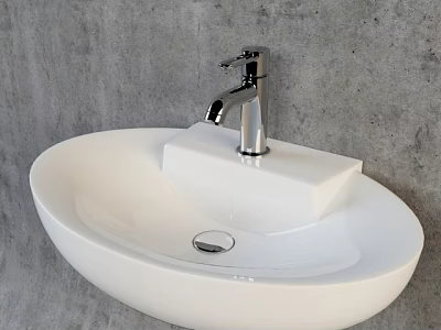 White Modern Countertop Washbasin with Silver Faucet Against Concrete Wall 3d model