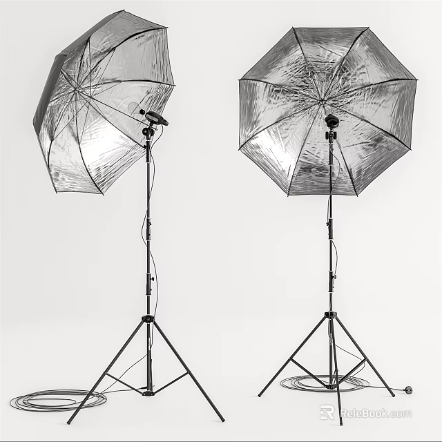 Two Silver Reflective Umbrella Photography Light Stands For Studio Setup 3d model