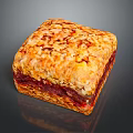 Homemade Square Oatmeal Dessert With Golden Crunchy Surface And Red Fruit Filling