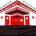 China News Information Stage Featuring Red Background Multiple Screens Person Standing On Stage Red Lights
