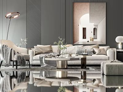 Modern Beige Sofa And Coffee Table Set With Throw Pillows Floor Lamp And Mirror 3d model
