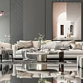 Modern Beige Sofa And Coffee Table Set With Throw Pillows Floor Lamp And Mirror