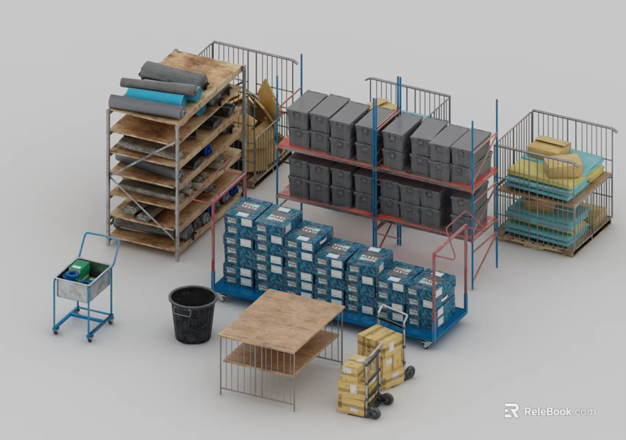Multi Tiered Storage Racks with Metal Shelves Boxes Packages Mobile Carts and Bins 3d model 