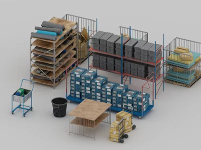 Multi Tiered Storage Racks with Metal Shelves Boxes Packages Mobile Carts and Bins 3d model