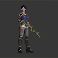 Man With Blue Hair Wearing Blue Outfit Holding Golden Rifle Against Grey Background