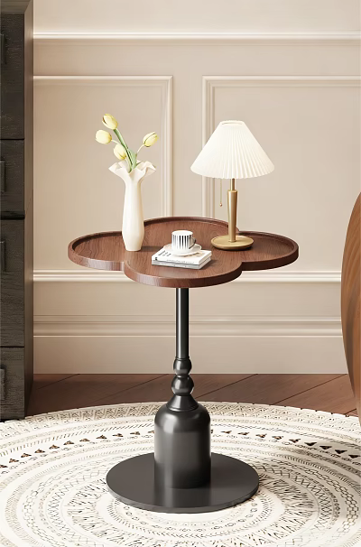 Modern Wooden Petal Shaped Side Table With Vase Lamp And Books 3d model