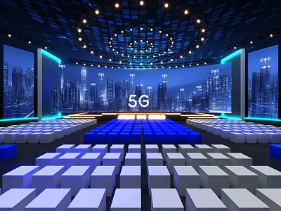 5G Themed Stage With City Night View Screens Circular Ceiling Lights And White Blue Seats 3d model